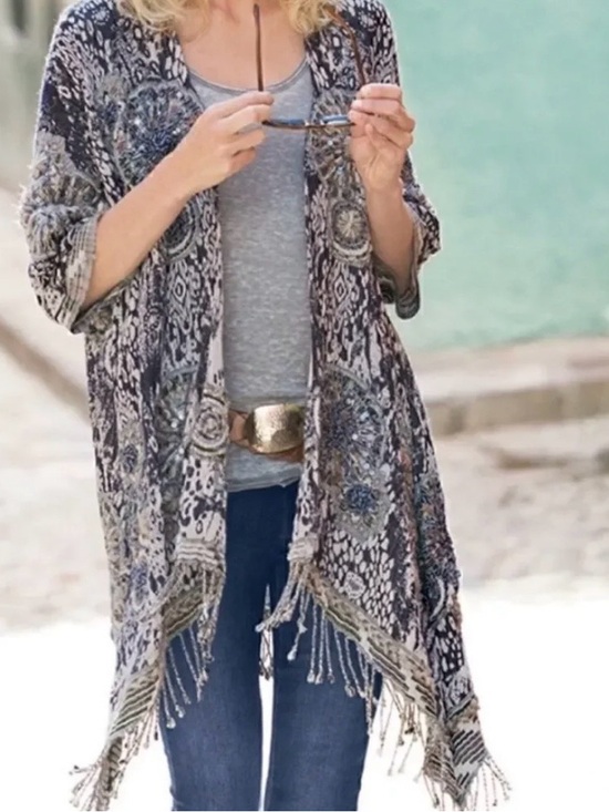Soft Surroundings Tops - Soft Surroundings Boho Navy and Cream Textured Fringe Kimono S/M